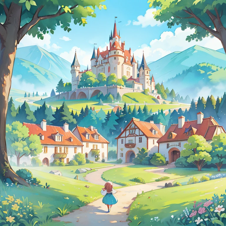 ((Illustration for a picture book)), fantasy landscape, watercolor illustration, whimsical, warm colours, Fairytale castle and village, ((Princess Castle)), fairytale house in medieval style)), высокодетализированная среда