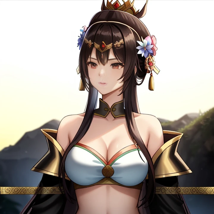 a close up of a woman in a bikini top with a crown on her head, video game cutscene, dynasty warriors, cutscene footage, inspired by Li Mei-shu, yun ling, full body xianxia, full body wuxia, video game screenshot, inspired by Pu Hua, wearing kimono armor, a beautiful fantasy empress, inspired by Li Kan