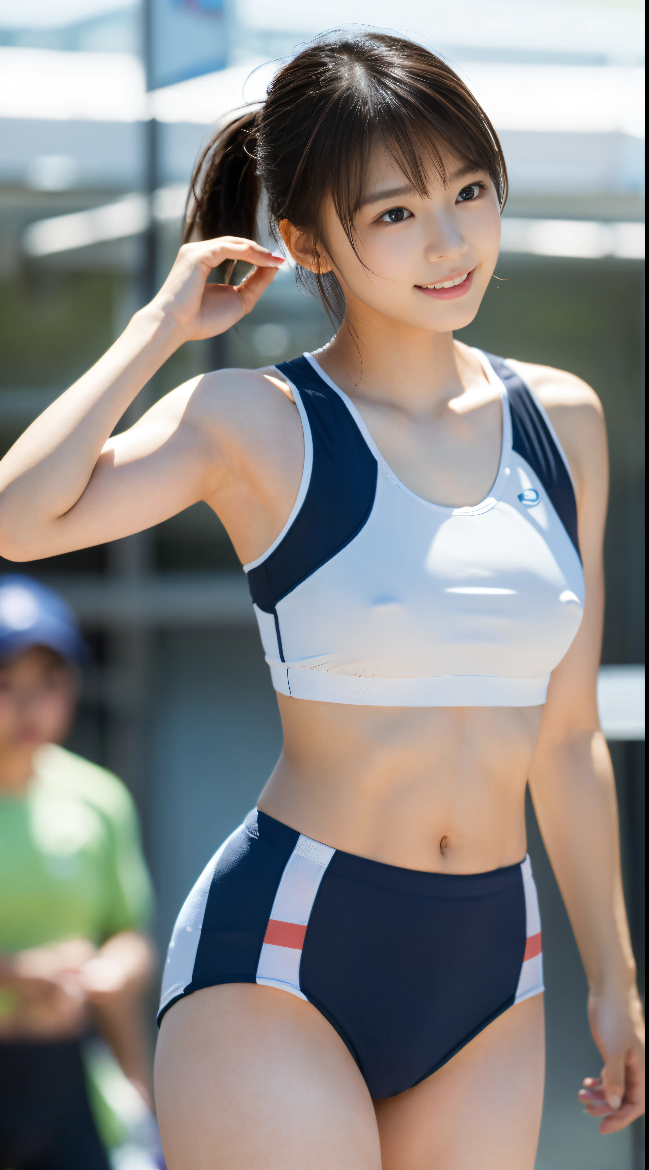perfect beautiful female、1girl in、track and field、24 year old、Brown eyes、real looking skin、highlydetailed skin、(small tits:1.7)、(My abdominal muscles are so tight that they crack、Athlete body shape:1.3)、Colorful sportswear、A dark-haired、Straight hair、bangss、ponytail in high position、(Looking away、Poses in motion:1.4)、A smile、dynamic ungle、clean legs、Raw photography、top-quality、hight resolution、(masterpiece)、(Photorealsitic:1.4)、professional photograpy、NSFW、foco nítido、Back lighting、(chromatic abberation:1.3)、nffsw、8K分辨率、intricate detailes、Detailed eyes、Ultra High Definition Eyes、physically-based renderingt、8k wallpaper、lensflare、Professional Writing、ultra wide-angle、wide angle photograph、