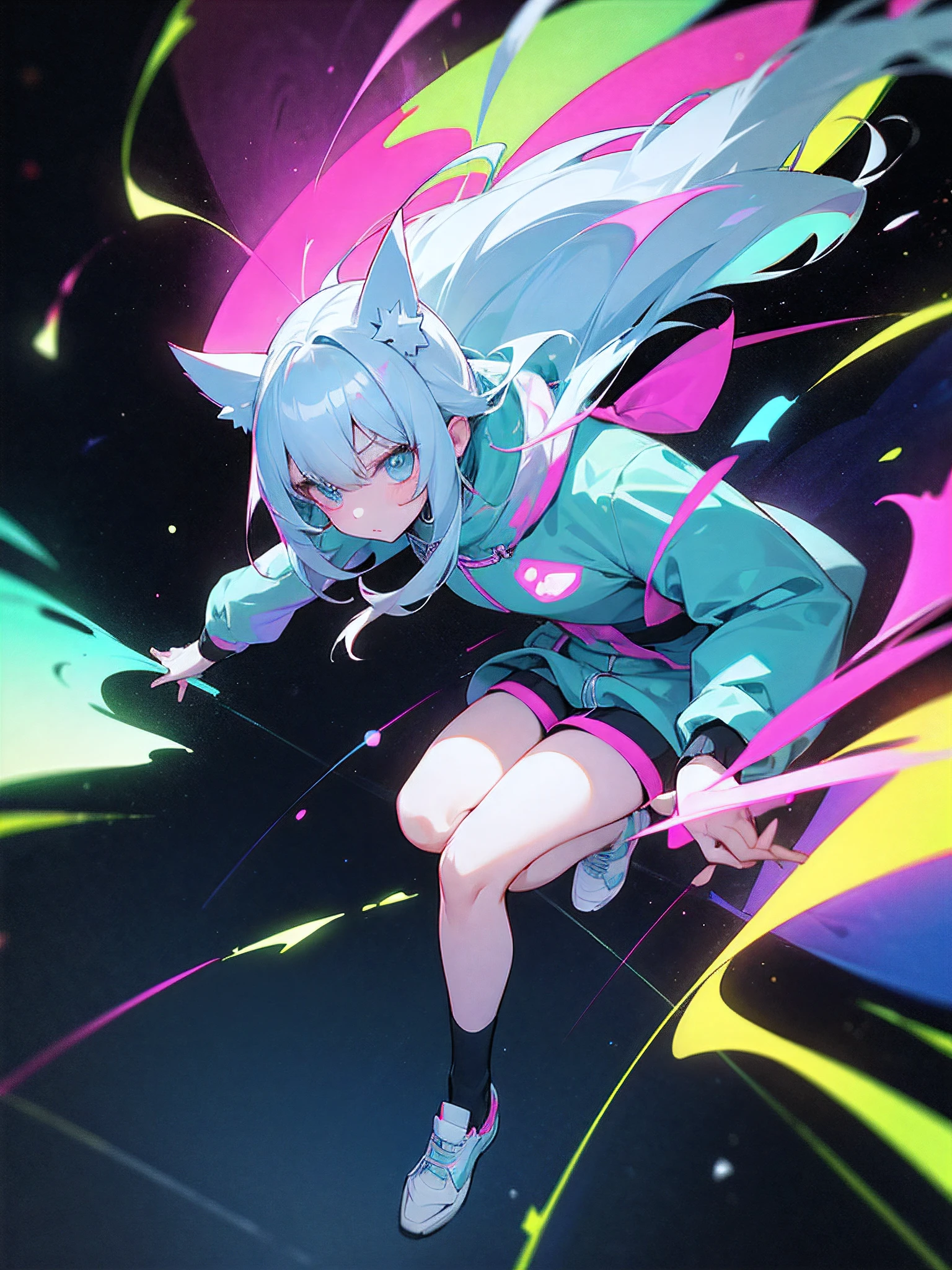 1 female、独奏、Looking at the camera、glares、full body Esbian、parka、Silver Shoes、Neon tones throughout、cosmic space、Parkour