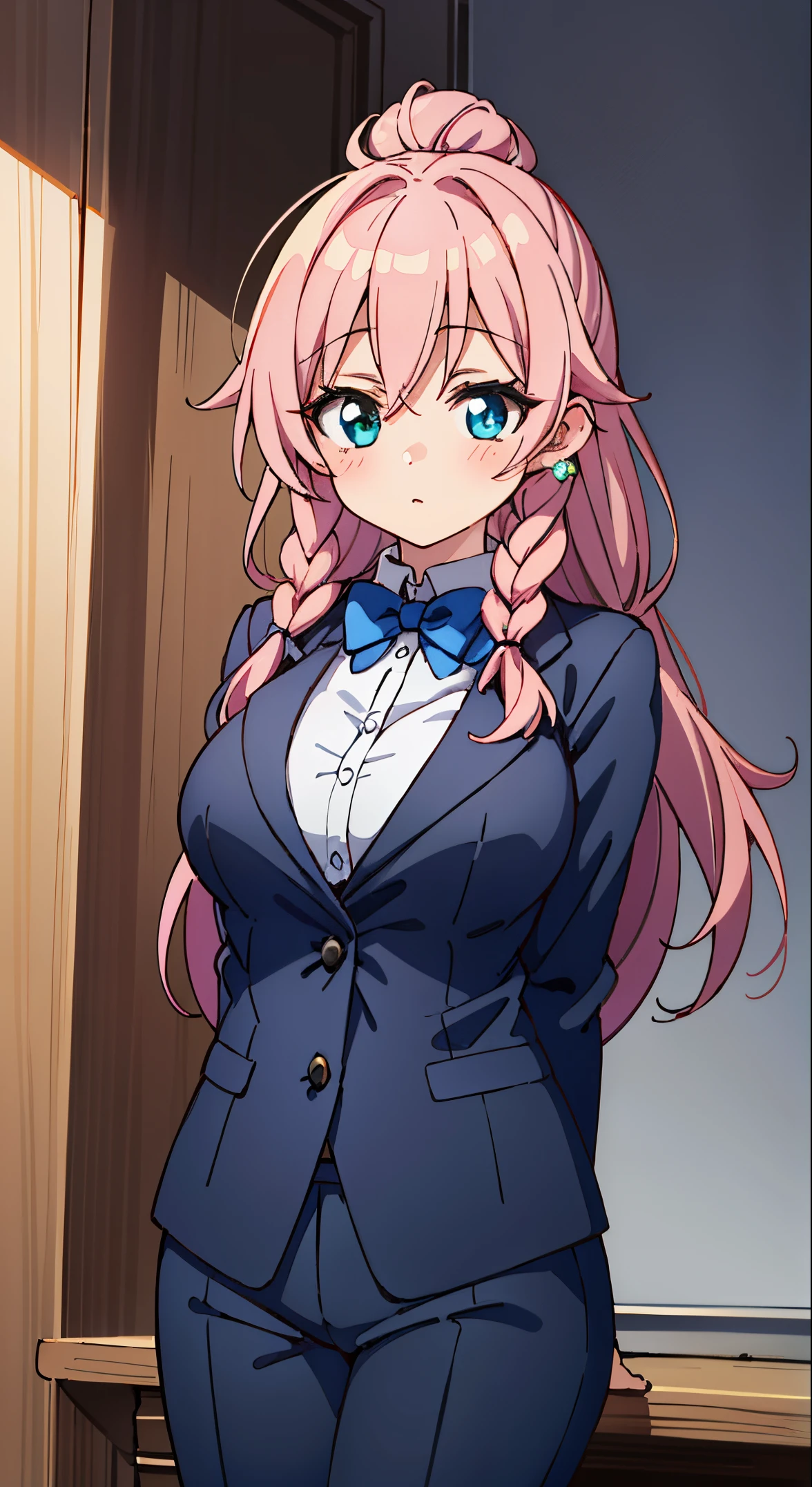 (masutepiece, Best Quality, Perfect Anatomy, High quality:1.4), nice hand, Perfect hands, Detailed beautiful hands, Large_filesize, fulcolor, hight resolution, symmetric, exceptional, Best aesthetic, newest, Anime, very beautiful detailed body,The hair,faces,The eye,BREAK,
1 beautiful girl, ( girl),Solo,(Cute:1.5),(Chibi:0.6),(kawaii:1.5),(Lori:0.5),BREAK,(17 years oldautiful girl,Very detailed,colourfull,highest details,Clear skin,Beautiful skin,Shy,Very detailed,colourfull,highest details,BREAK,Clear skin,Beautiful skin,Shy skin,BREAK,{Heterochromia,blue eyess,Green eyes,PUPILS SPARKLING:1.9},star eye silhouette,BREAK,(Pink hair, Medium length:1.4),(Twin braids,A little curly hair,Princess Cut, crossed bangs:1.3),(Big breasts,Beautiful breasts,Large breasts:1.5),(long eyelashes, Double eyelids:1.2),Solo,gleaming skin, Clear skin, Beautiful skin,(best quality face),(Top quality glowing eyes),(Doya face,brave face:1.45) , BREAK,
is Classic English Manor Butler Elegance, Fitted, tailored blazer in a classic neutral tone, High-waisted trousers with a straight or wide-leg cut, Crisp white button-up shirt for a timeless look, Polished Oxford shoes for a refined touch, Classic black bow tie for a nod to formal menswear, Leather gloves and a vintage-inspired watch as accessories. Sleek bun or low ponytail for a polished hairstyle, Minimalistic makeup with emphasis on well-defined brows, Subtle pearl or stud earrings for a touch of sophistication,
BREAK ,(Office, desk work, whiteboard, sofa, buildings from window,Makuhoku Computer,
(upward looking gaze :1.2) ,
Looking Up ,
From above ,depth of fields,
BREAK,wakame,wakame,wakame,(Cowboy Shot:1.4),
BREAK,(Blurry background:1.3),(absurderes, hight resolution, Super Detail Art),cel shading,Clear Color, Lonely optical effect, Beautiful pictures, Bright glow, mystic atmosphere,(Close-up of girl:1.1), Mystical light particle effect,manga influence, clean line drawings,