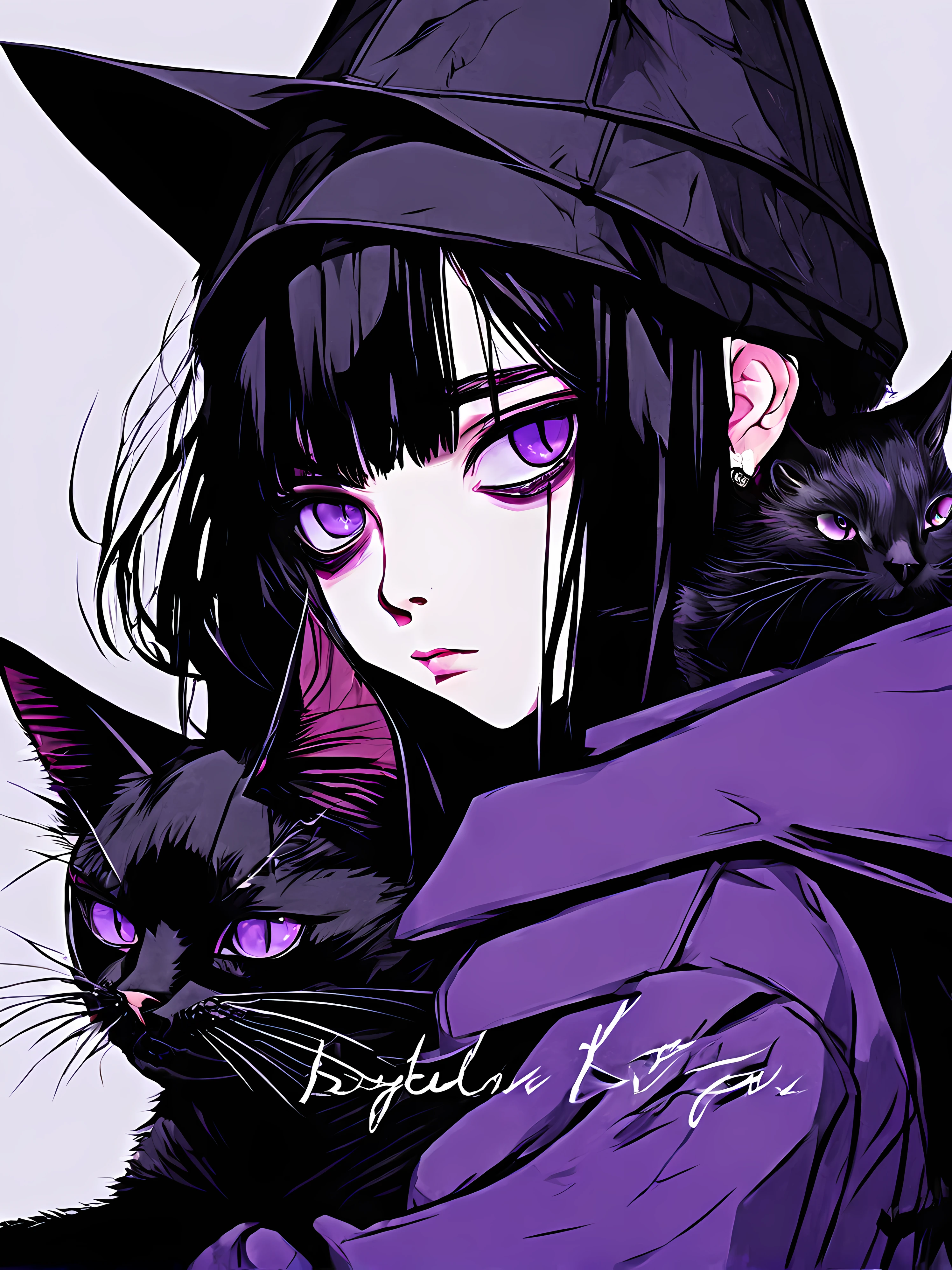 Anime girl with long black hair and purple eyes holding a black cat, young teenage girl，Emo girl and her ,eine Katze， Portrait of goth cat and girl, Digital illustration style, in the art style of bowater, style of anime, Anime style illustration,serious expressions,goth style,gothic art,sad, Gloom (Expressing the).