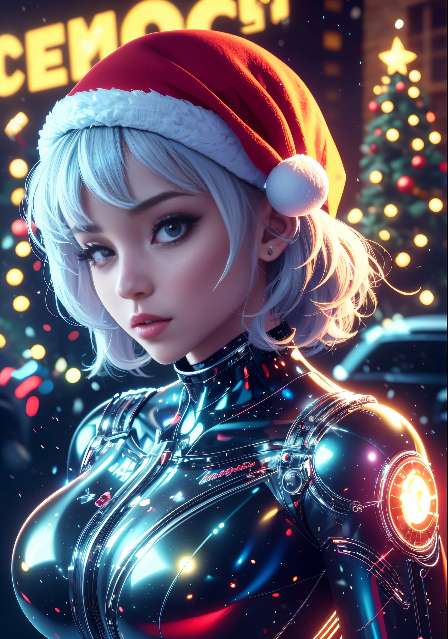 1 Glowing Christmas Mechanical Girl,Futuristic girl,Mechanical Union Christmas City Background,model shoot style, (extremely detaild的 CG unified 8k wallpapers), The beauty of abstract style,,hyper realisitc, 8K, super detailing, Best quality, Award-Awarded, Anatomically correct, 16k, super detailing