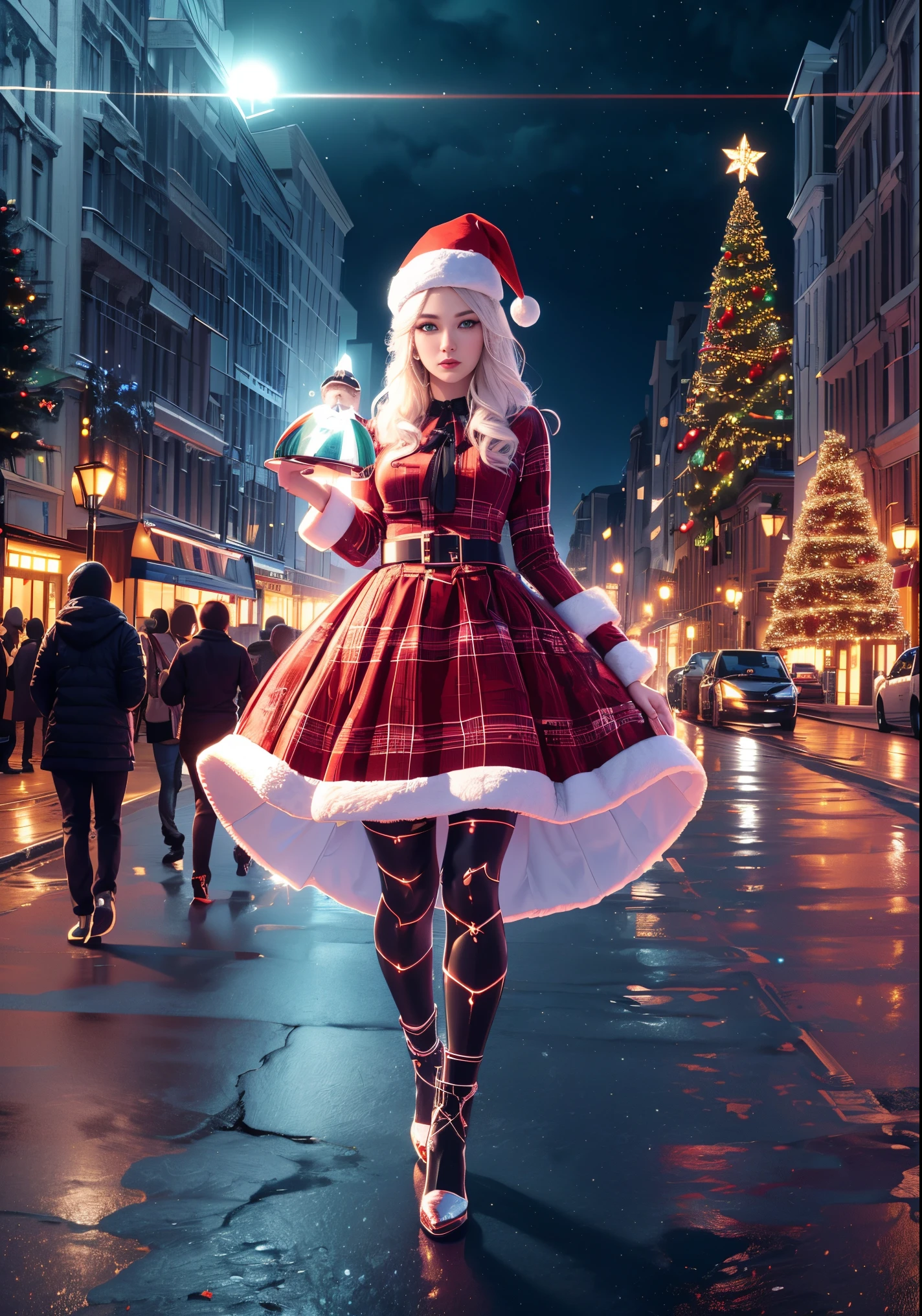 1 Glowing Christmas Mechanical Girl，Futuristic girl，Mechanical Union Christmas City Background，model shoot style, (extremely detaild的 CG unified 8k wallpapers), The beauty of abstract style,，hyper realisitc, 8K, super detailing, Best quality, Award-Awarded, Anatomically correct, 16k, super detailing