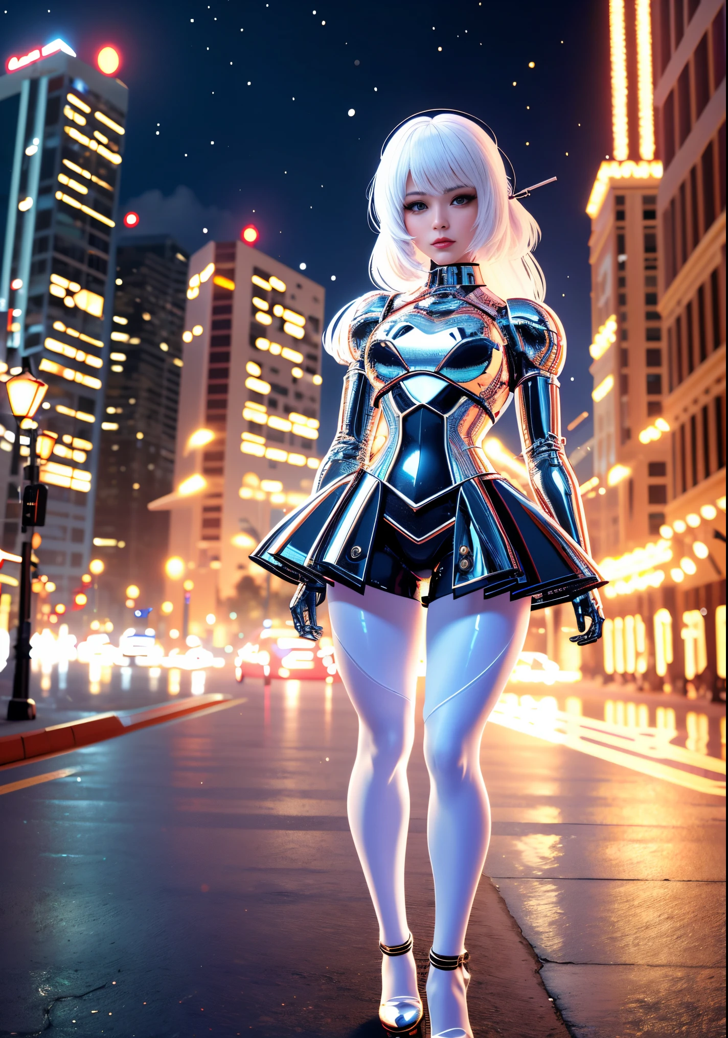 1 Glowing Christmas Mechanical Girl，Futuristic girl，Mechanical Union Christmas City Background，model shoot style, (extremely detaild的 CG unified 8k wallpapers), The beauty of abstract style,，hyper realisitc, 8K, super detailing, Best quality, Award-Awarded, Anatomically correct, 16k, super detailing
