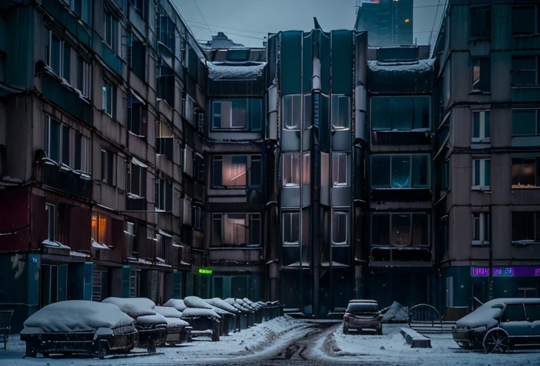 ground view, (ciberpunk) street with large buildings, RussianEbenya, dark evening, night time, snowing, filmstill, (neon lights), Lens 90 mm, VHS, Blade Runner style, Masterpiece, Best Quality, (Film grain:1.1), extra high resolution, Raw, frozen city