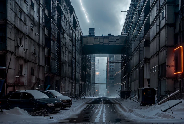 ground view, (ciberpunk) street with large buildings, RussianEbenya, dark evening, night time, snowing, filmstill, (neon lights), Lens 90 mm, VHS, Blade Runner style, Masterpiece, Best Quality, (Film grain:1.1), extra high resolution, Raw, frozen city