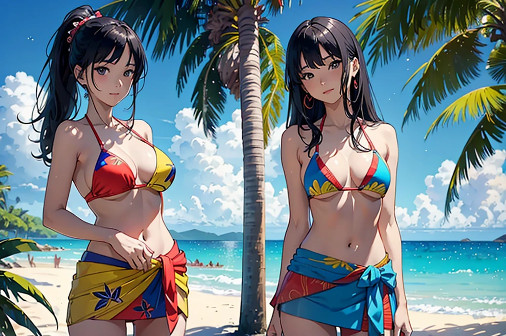 ​masterpiece、top-quality、超A high resolution、 [ 4 k digital art ]!!、 8k high quality detailed art、Wallpaper、 Detailed Digital Anime Art、Realisticity、Cinema Angle、hposing Gravure Idol、(((Two beautiful girls)))、((Hug your partner from behind))、cute  face、 ((Detailed depiction of a beautiful face))、kindly smile、年轻、Bikini swimwear、Photorealistic perfect body、(Bold ethnic patterns wrapped around the waist and skirt and plenty of primary colors)、light Particle、llight rays、Tropical、Against the background of palm trees on both sides、on a sunny beach、Against the background of the sea、blur backgroun、