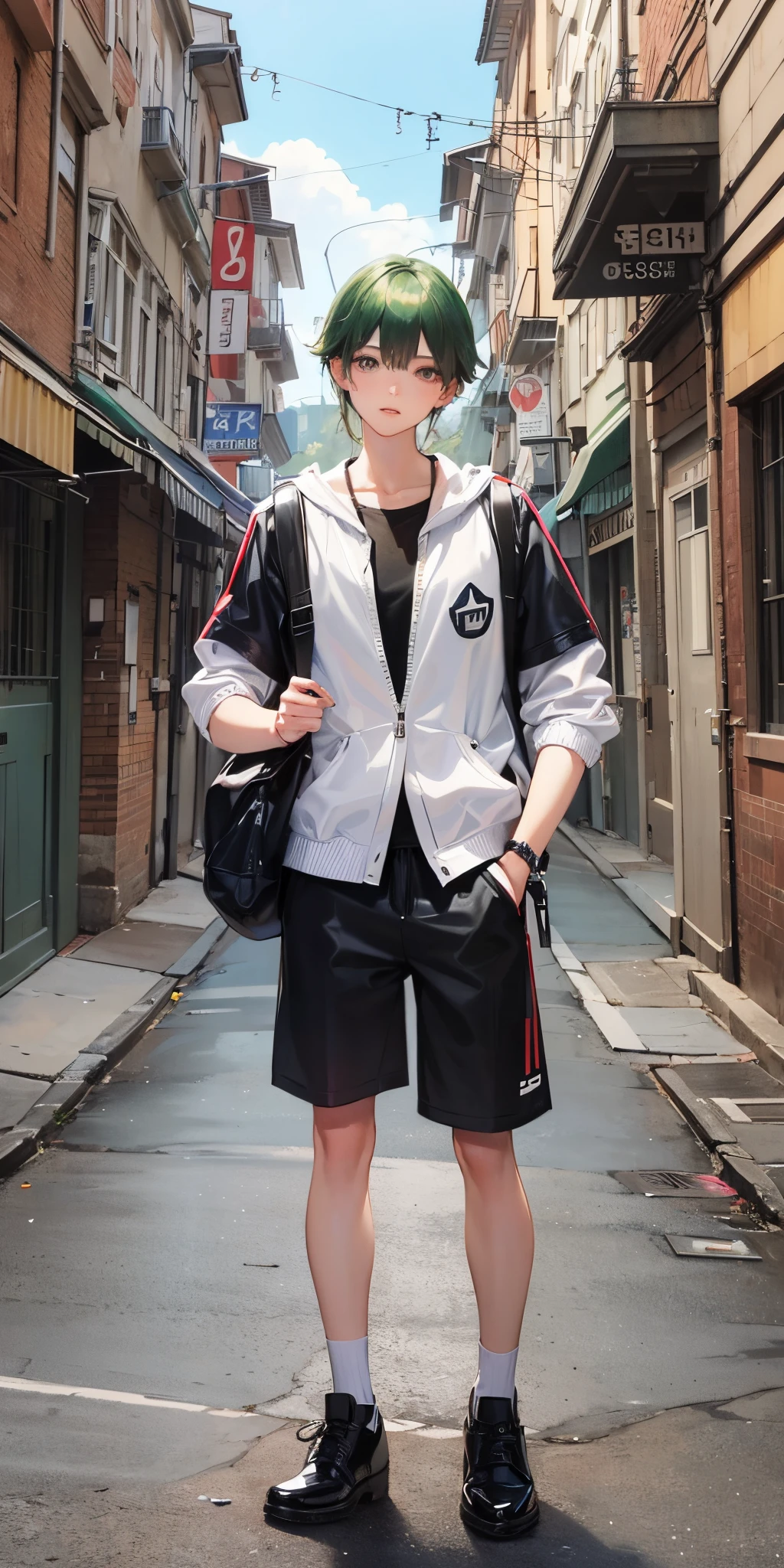 a boy cool short/green hair walk in the stree --auto --s2