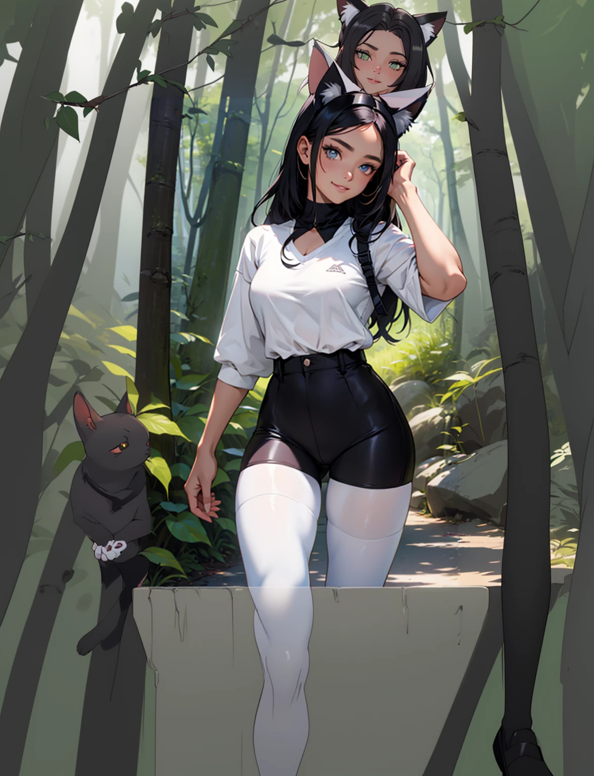 beautiful young woman with cat ears on her head, com rosto bem detalhado e bonito, belos olhos, belos olhos, rosto lindo, beautiful young woman wearing black tights, sueter apertado branco, short pantyhose, Standing in a forest, usando salto alto, cabelo curto preto, morena,orelhas de gato, belo sorriso, tomboy, morena, um pouco musculosa