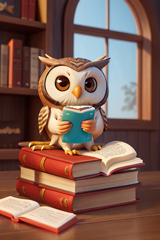 cute owl, 3d style, reading a book and drinking a cup of coffee