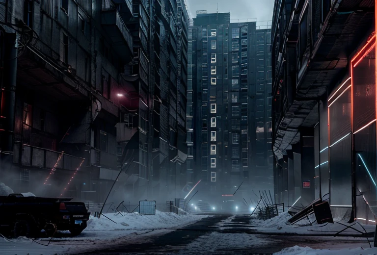 ground view, (ciberpunk) street with large buildings, RussianEbenya, dark evening, night time, snowing, filmstill, (neon lights), Lens 90 mm, VHS, Blade Runner style, Masterpiece, Best Quality, (Film grain:1.1), extra high resolution, Raw, frozen city, without cars
