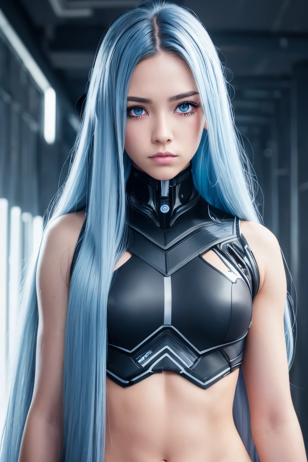 Girl,very long hair,((hair over one eye)),(hair pulled back),blue hair,black streaked hair,heterochromic,cyborg,cold expression,muscle body type,(from front)