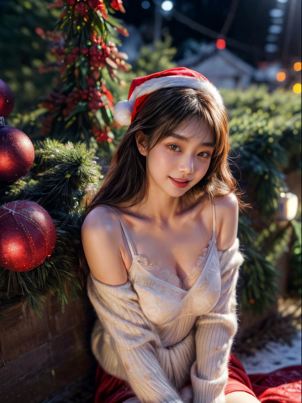 ​masterpiece、8K、32K、top-quality、(A detailed eye)、(A cute Japanese woman、bangss)、23years old、1 girl in、elegent、(Detailed background depiction、portlate:1.2)、(Condescending on you)、(illuminations、Christmas:1.4)、(Complex lace underwear:1.1)、(pantyshot:1.3)、blushed face、ssmile、ssmile、(Angle from top:1.4)