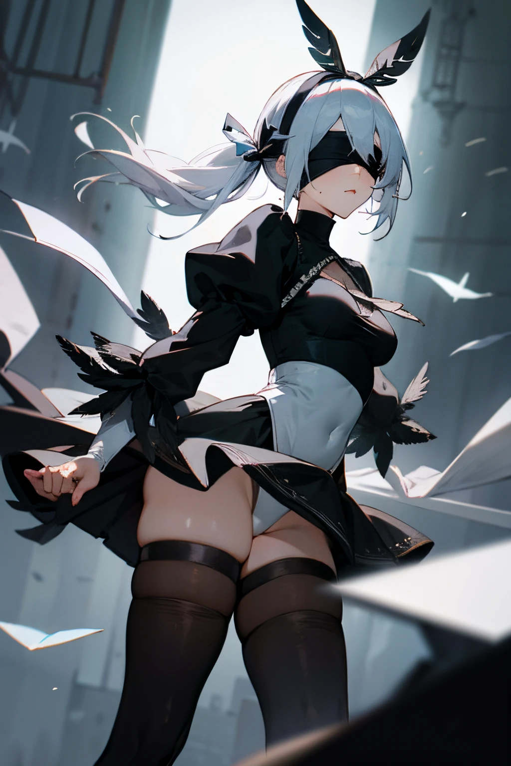 hairband, thighhighs, black hairband, mole under mouth, puffy sleeves, long sleeves, blindfold, black thighhighs, black blindfold, juliet sleeves, thighs, leotard, boots, feather-trimmed sleeves, white hair