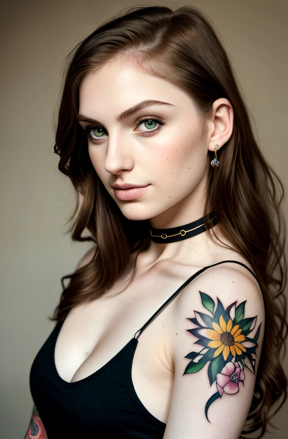 Beautiful western woman with pale skin, 24 year old female model, - ye old gi attractive girl, very pale skin, pale beauty, sexy gaze, instagram model, photo, rule of thirds, dramatic lighting, medium hair, detailed face, green eyes, black hair, detailed nose, woman wearing tank top, collar or choker, smirk, realism,realistic,raw,analog,woman,portrait,photorealistic,analog,realism