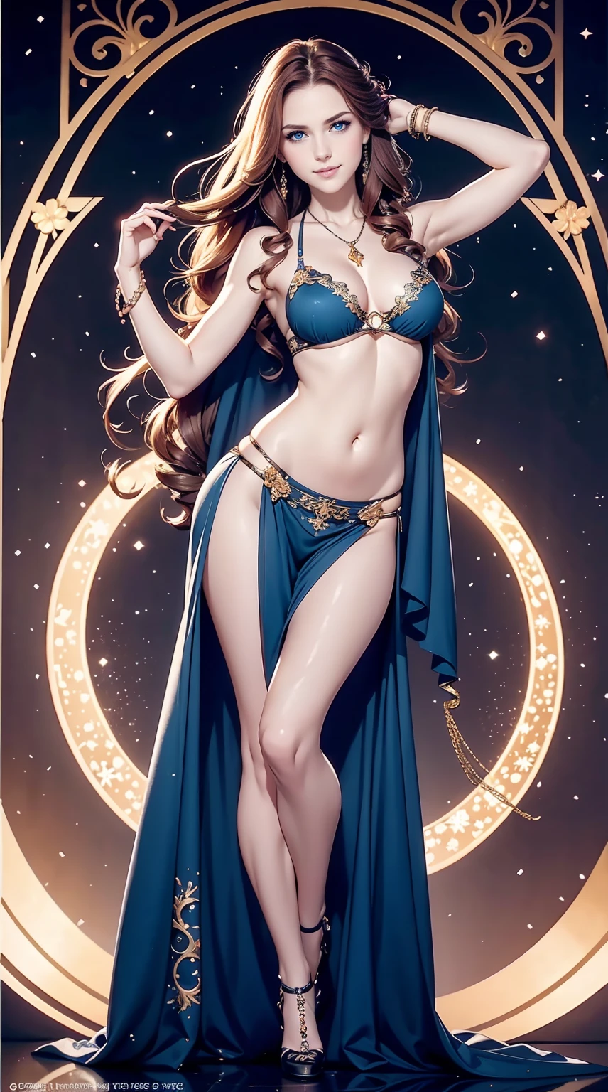 25-year-old Caucasian woman、Her hair color is reddish、blue eyess、Semi-long、setting hair、I'm tying my hair、My hair is wavy、Slender but thin macho、accessories on the wrist、wearing a chain necklace、Beautiful breasts、a smile、I need space above my head、Wearing belly dancing costumes、Wearing high heels、Snowflakes are falling all over the screen、background art nouveau