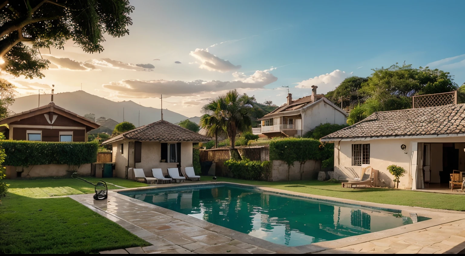 Create a captivating and emotional image of houses surrounded by an idyllic setting, representando o lar como um lugar de amor