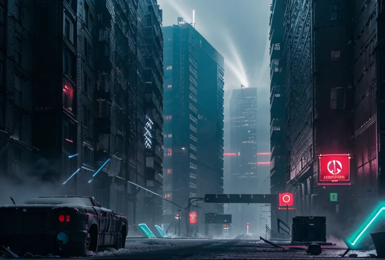 ground view, (ciberpunk) street with large buildings, RussianEbenya, dark evening, night time, snowing, filmstill, (neon lights), Lens 90 mm, VHS, Blade Runner style, Masterpiece, Best Quality, (Film grain:1.1), extra high resolution, Raw, frozen city, No cars