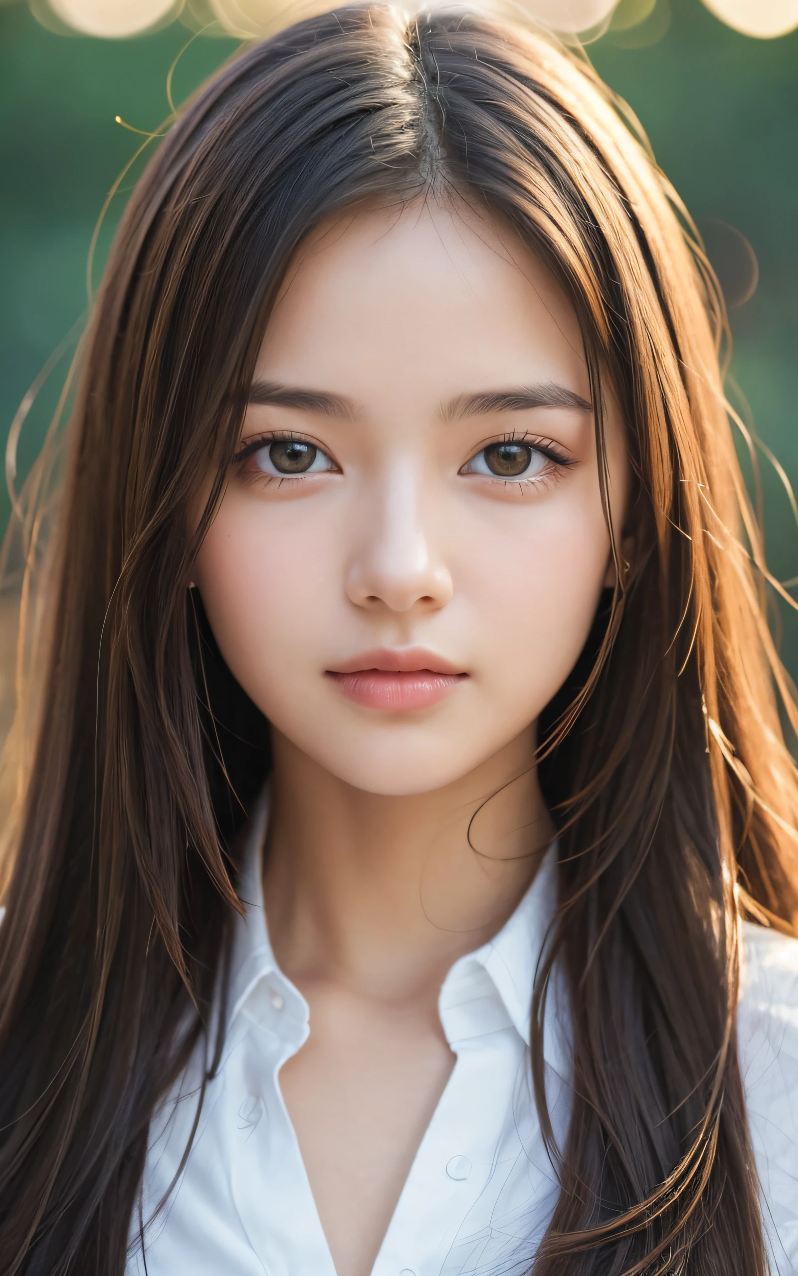 masutepiece, Best Quality, 8K, 1 girl, 20 yo, Slightly open mouth, dazed expression, close-up, Close-up of face, Solo, Cute, Girly, Delicate girl, Neat and clean beauty,  Raw photo, Professional Photography, Portrait, Soft light, Professional Lighting, Back lighting, look forward to your eyes, Sophisticated, Film grain, (Eyes and faces with detailed:1.0), medium length floating hair, Beautiful flowing hair,