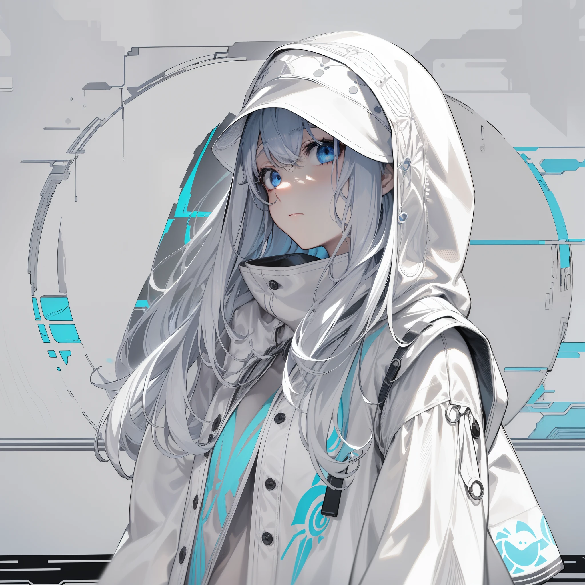 (Best Quality, masutepiece), Glitch Screen Filter, (1girl in, Solo, hoods, Facial expression face, Standing, Looking at Viewer, Cap, Blue eyes, Long straight hair, Closed mouth, Upper body,), (monochromes, Multicolored carved circles, White wall),A dark-haired