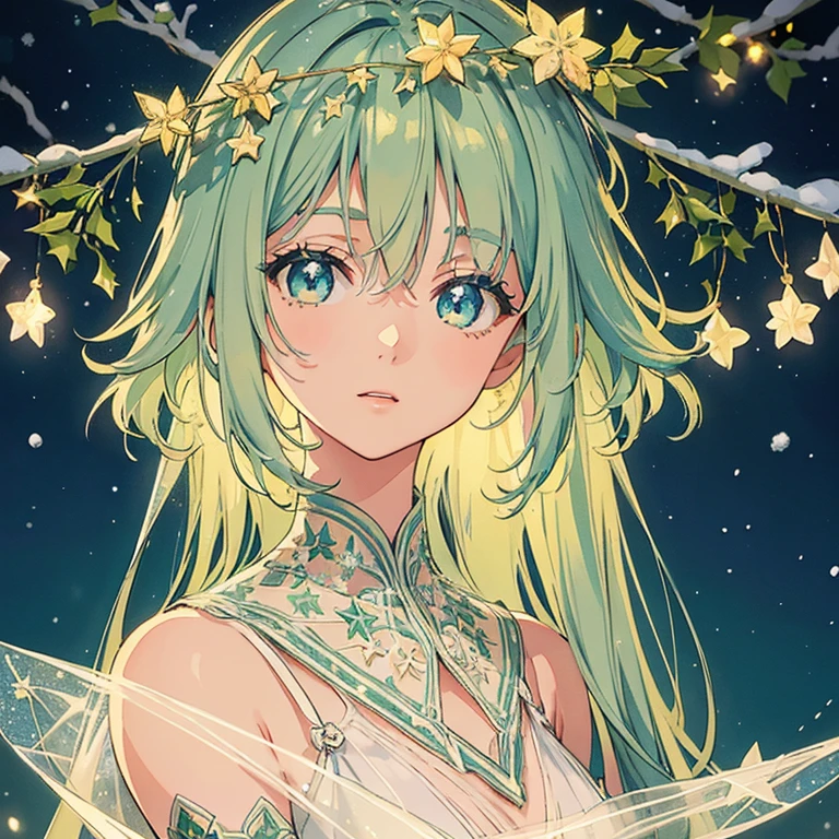 One girl, cute, beautiful eyes, a quiet starry night, a beautiful Christmas tree. The tree is covered with deep green branches and leaves and decorated with star-like lights. Snow on the ground, presents on the ground, rich watercolor painting, colorful, (delicate details, complex composition: 1.5) (Very detailed complex configuration: 1.5),