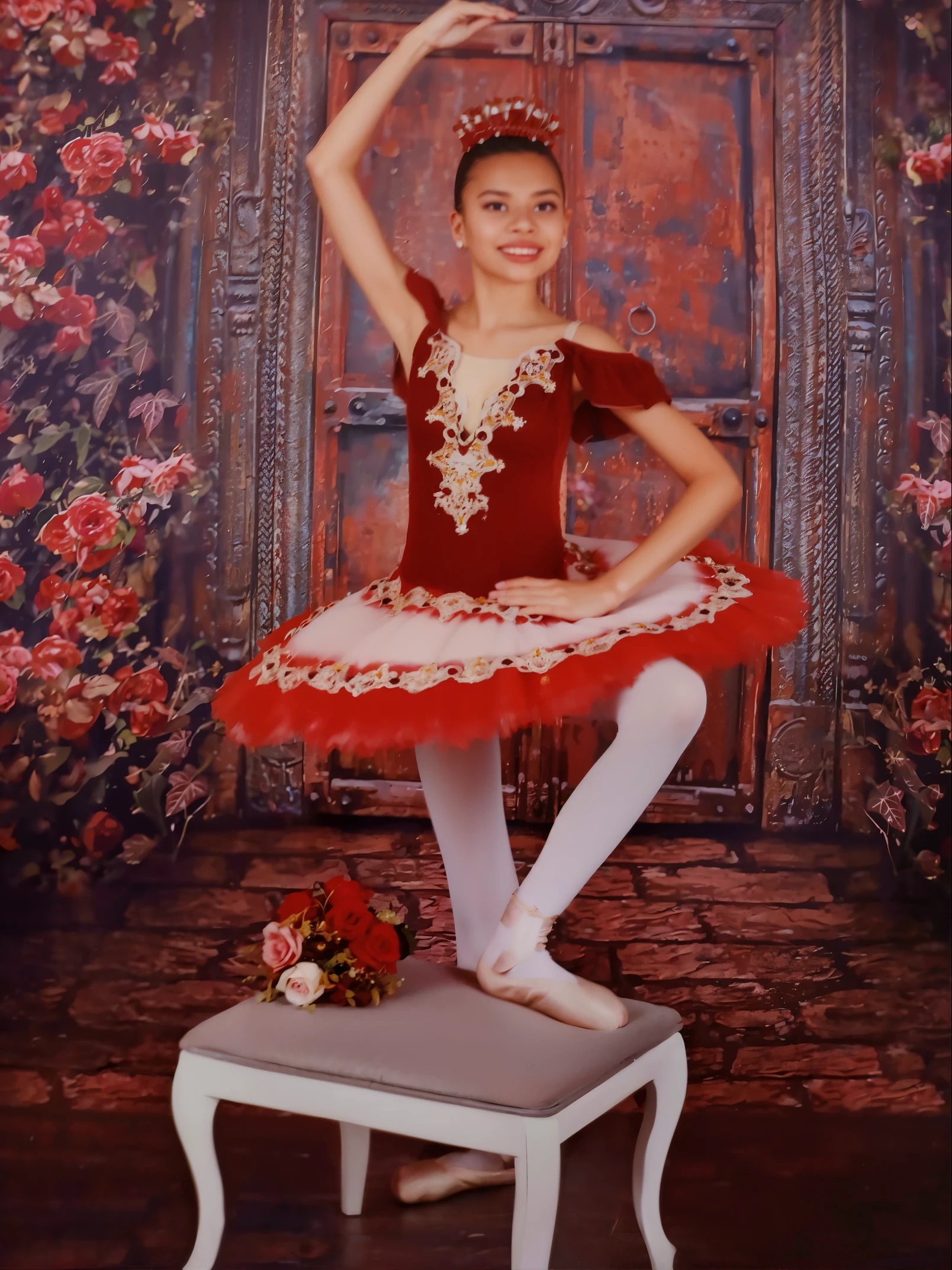 cropped photo of a young woman in a red dress and white pantyhose, ballet pose, Pose tensa, Ballet style pose, Pose de dica, bailarina, bailarino, primeira bailarina, Retrato de uma bailarina, Primeira bailarina no Jardim das Rosas, Ekaterina, vestida de bailarina, classic dancer striking a pose, posando em leotard e tiara