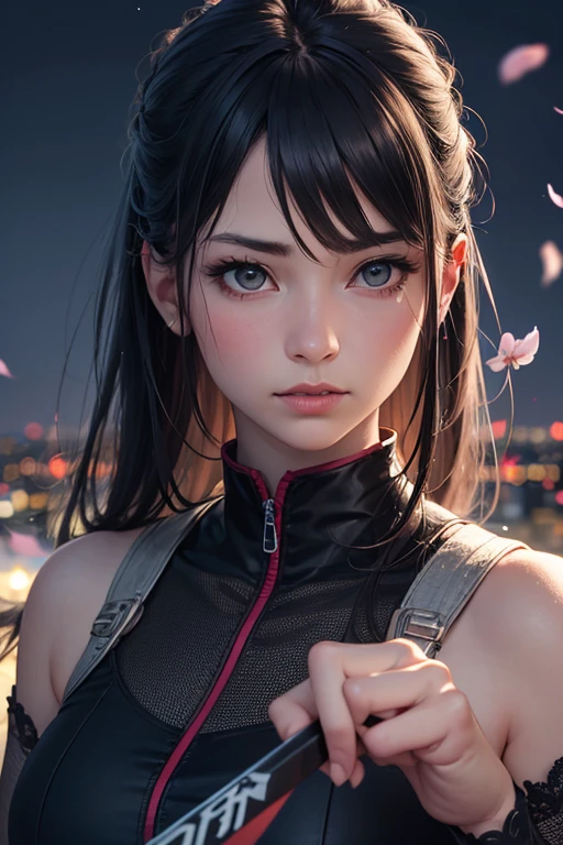 (best quality,4k,8k,highres,masterpiece:1.2),ultra-detailed,(realistic,photorealistic,photo-realistic:1.37),HDR,UHD,studio lighting,ultra-fine painting,sharp focus,physically-based rendering,extreme detail description,professional,vivid colors,bokeh,portraits An oriental ninja girl with long black hair and ice powers,holding a katana, wearing a black ninja outfit, and standing on a moonlit rooftop. Her sharp, intense eyes are focused and determined. The moonlight illuminates her pale skin, contrasting with her dark hair. Frost swirls around her, as she summons her ice powers. Intricate ice crystals form on her fingertips, glistening with a soft blue glow. Surrounding the rooftop is a bustling Japanese city with towering neon-lit skyscrapers. The streets below are filled with people, unaware of the hidden world above. The night sky is filled with stars, adding a touch of magic to the scene. Cherry blossom petals float gently in the air, creating a dreamy atmosphere. The artwork is rendered in a realistic and photorealistic style, capturing every intricate detail of the girl and her environment. The colors are vibrant and vivid, with a slight tilt towards cool tones that complement the ice powers. The lighting is carefully crafted to emphasize the ninja girl's presence and create a sense of mystery and drama. The overall composition of the artwork is carefully balanced, with the ninja girl positioned off-center, drawing the viewer's attention to her. The sharp focus on her eyes and the ice crystals adds a sense of precision and intensity. The background elements, such as the cityscape and cherry blossom petals, create depth and add visual interest to the scene. This masterpiece depicts a powerful and skilled oriental ninja girl, showcasing her strength, grace, and icy abilities in a captivating and dynamic setting.