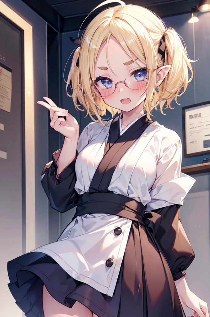 ultra detailed, best quality, high resolution, ((16k)), ((1girl)), pale skin, petite, (glossy blonde hair:1.5), (very short hair), (ahoge:1.3), (glasses), pointy ears, (blush:1.5), blue eyes, medium breasts, smile, cowboy shot, ((sash)), modern restaurant, big hair ribbon, ((yagasurihakama)),  ((single short braid:0.8)), ((fang)), open mouth, (forehead:1.3), (thick eyebrows)