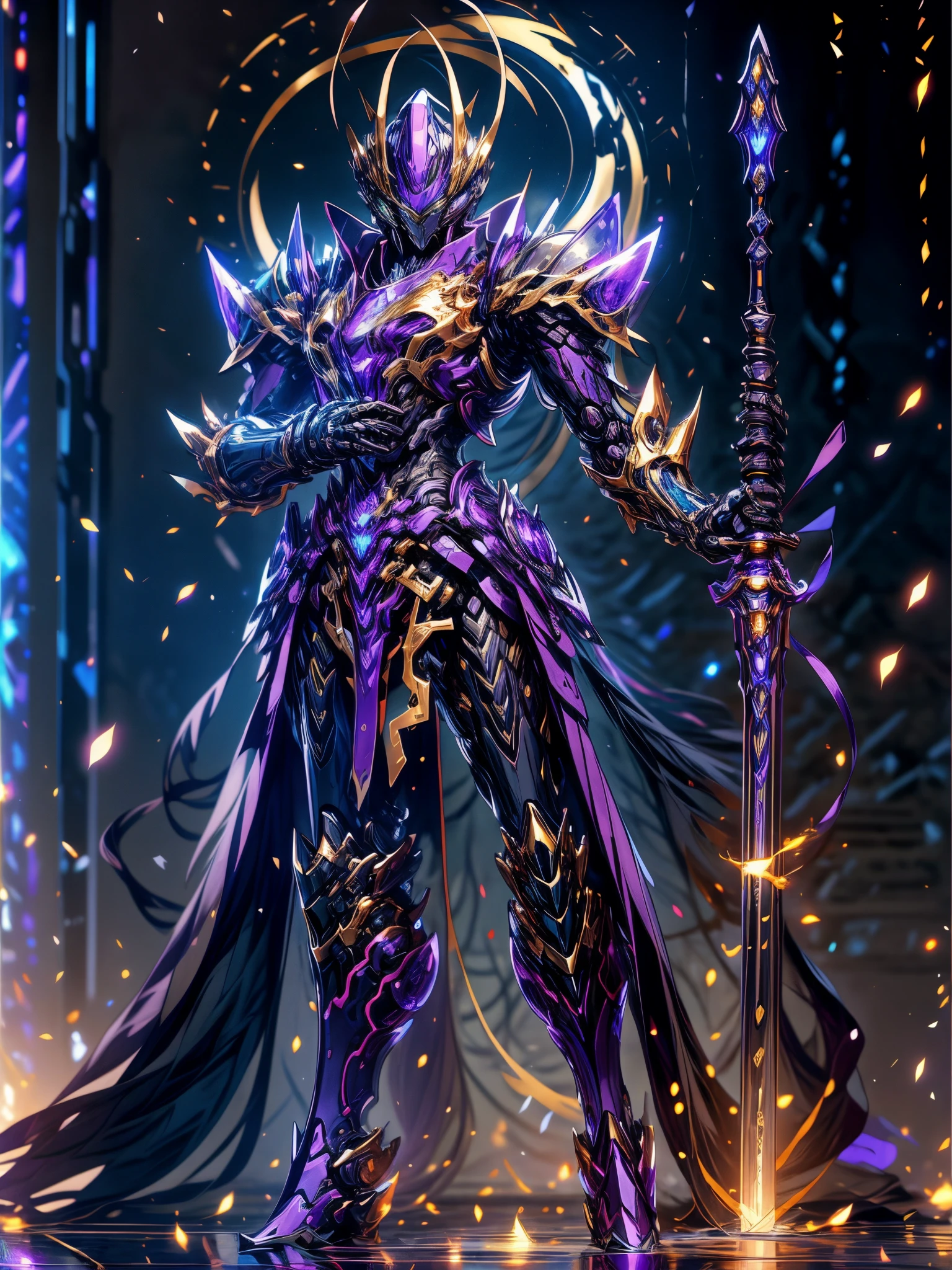 super wide shot, Full body frontal photo,Mecha male warrior，Heroic style of the Three Kingdomech color: Purple deep series》，（《Romance of the Three Kingdoms》，《Sima Yi》，Magic weapon in hand，），（Full body mecha）, Keqing from Genshin Impact, (Masterpiece) ， The best quality， High quality，Gold armor，电影灯光， （Exquisite future）， Beautiful and beautiful， Ultra detailed， great composition， Floating， Depth of field， （Very detailed CG，Unity 8k壁纸）， （Beautiful detail background）， dramatic lights， GOGETTA， Mecha，best qualtiy，超高分辨率，