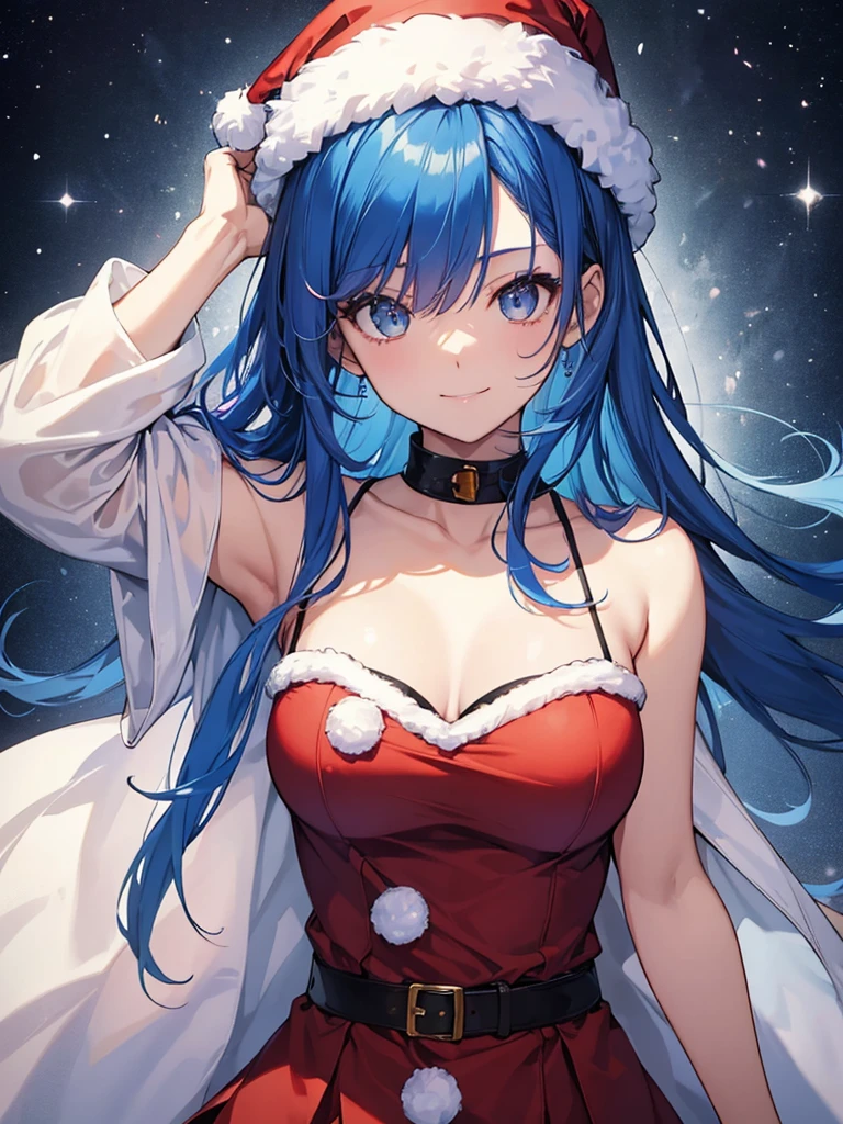 1人の女性、Blue hair(Curta)、Top quality rimless glassy brown eyelids、ultra-detailliert、8K resolution、Raw photo、masutepiece、gorgeous faces、Perfect body、A smile、santa claus