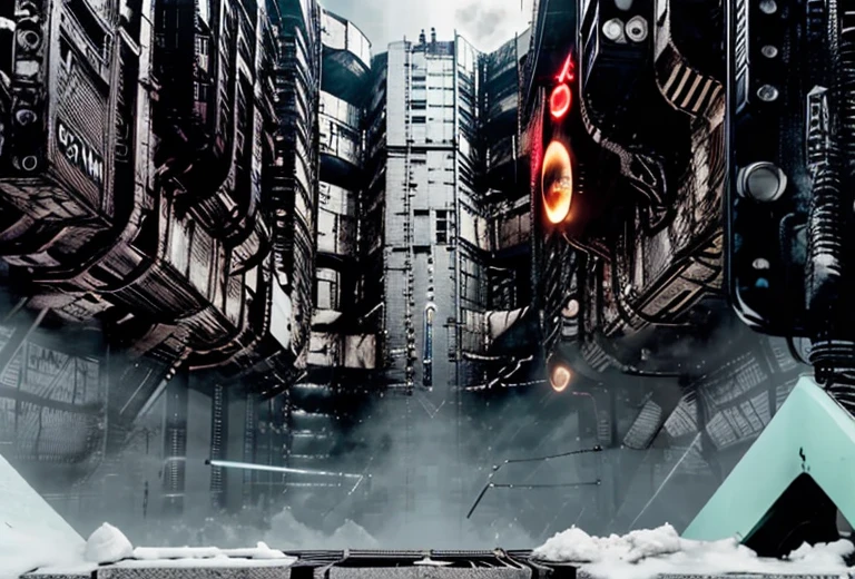 ground view, (ciberpunk) street with large buildings, RussianEbenya, dark evening, night time, snowing, filmstill, (neon lights), Lens 90 mm, VHS, Blade Runner style, Masterpiece, Best Quality, (Film grain:1.1), extra high resolution, Raw, frozen city, No cars
