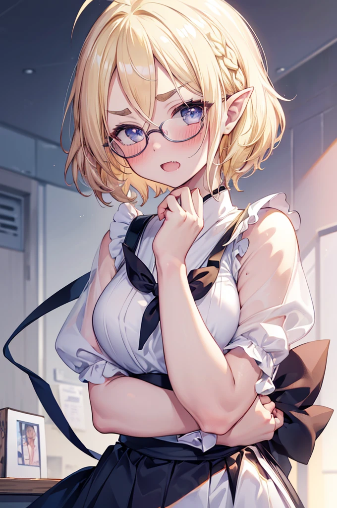 ultra detailed, best quality, high resolution, ((16k)), ((1 little girl)), pale skin, petite, (glossy blonde hair:1.5), (very short hair), (ahoge:1.3), (glasses), pointy ears, (blush:1.5), blue eyes, medium breasts, happy finger smile, cowboy shot, ((single short braid:0.8)), open mouth, (finger pointing), ((wink:1.3)), ((hair ribbon)), nsfw, ((topless:1.5))