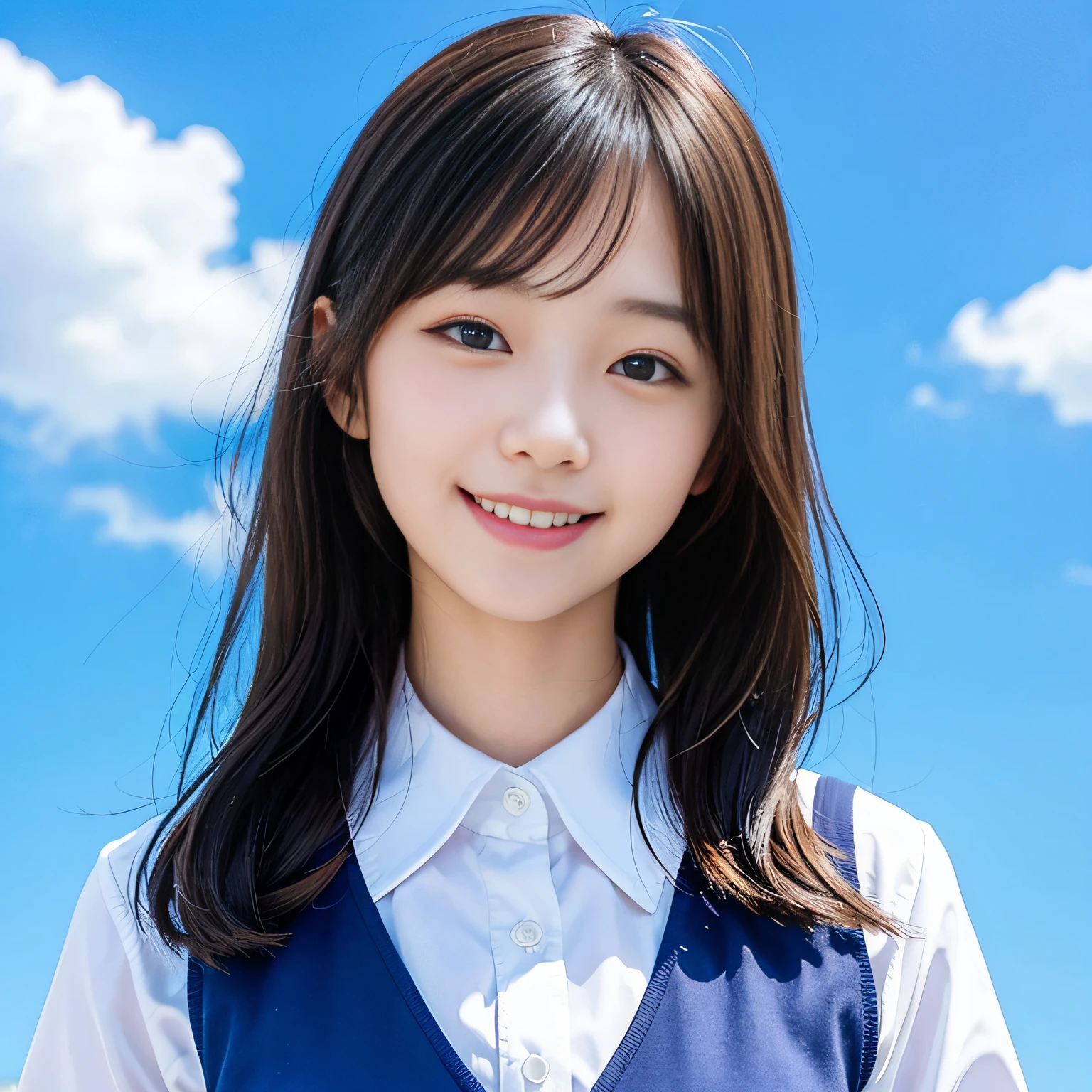 Slender schoolgirl、cute smile face、Close-up composition of the face、Blue Sky Background