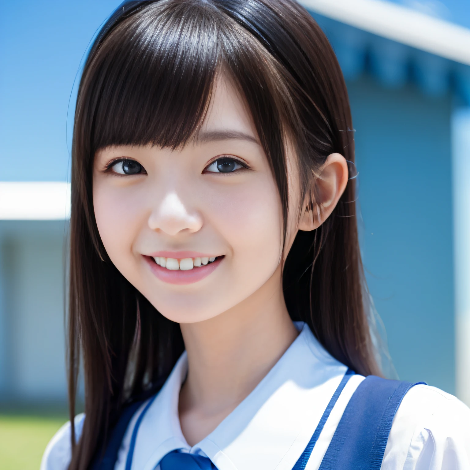 Slender schoolgirl、cute smile face、Close-up composition of the face、Blue Sky Background
