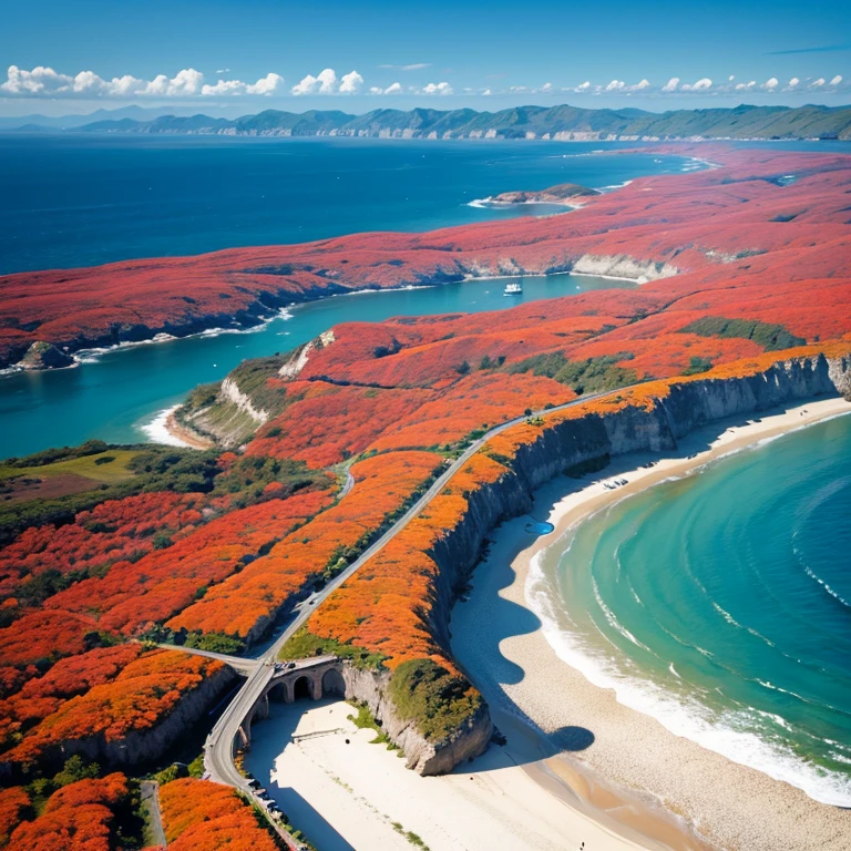 uma linda paisagem de campo florido, flores vermelhas e brancas com montanhas no horizonte , praia e lua