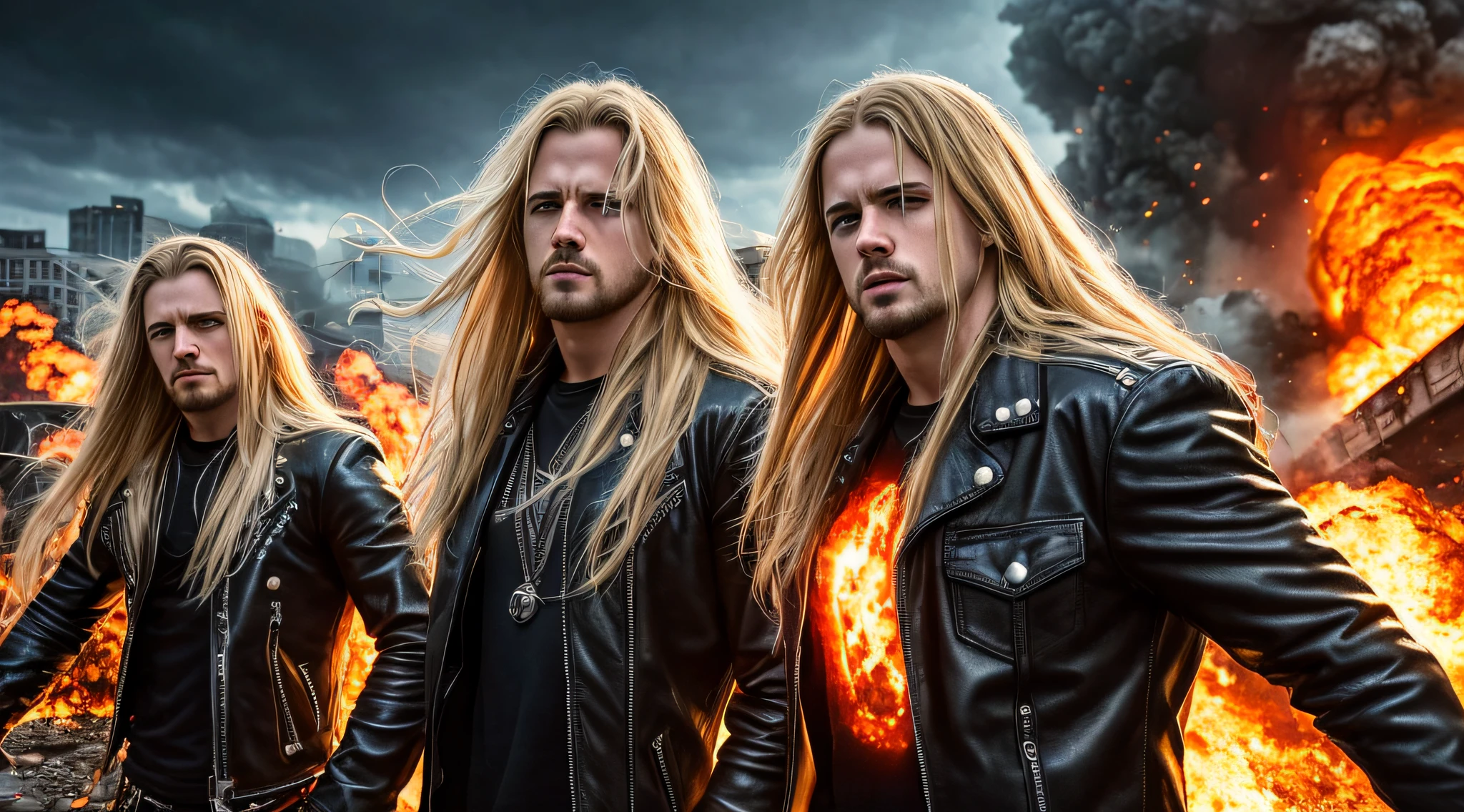 3 BOYS Russian children with 20 years WITH LONG STRAIGHT BLONDE HAIR, LEATHER JACKET AND BLACK CLOTHING, PORTRAIT STYLE, a closeup, album cover, evil album cover, alternate album cover, metal album cover, album cover, 2 0 0 6 promotional publicity photo, metallica, heavy rock band promotional photo, Drew Struzan Tomasz Alen Kopera, album art, album cover art, megadeth, maiden, album, heavy metal album cover, a nuclear explosion is seen on a beach at sunset, nuclear bomb explosion, nuclear apocalypse, nuclear explosion, nuclear attack, nuclear explosion!!!, nuclear bomb explosion, nuclear mushroom cloud, nuclear cloud, nuke that ends the world, nuclear bomb, huge nuclear mushroom cloud, impending nuclear explosion, nuclear war, fall of nuclear weapons, atomic explosion, nuke, look at the nuclear explosion