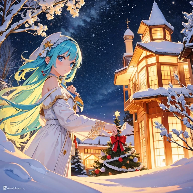 A beautiful Christmas tree, a girl looking at a Christmas tree, cute, beautiful eyes, a quiet starry night, colorful star-like decorations on the tree, snow piled up, presents on the ground, rich watercolor painting, colorful, (delicate details, complex composition: 1.5) (Very detailed complex configuration: 1.5),