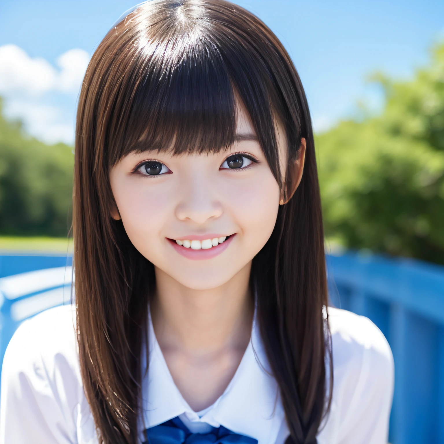 Slender schoolgirl、cute smile face、Close-up composition of the face、Blue Sky Background