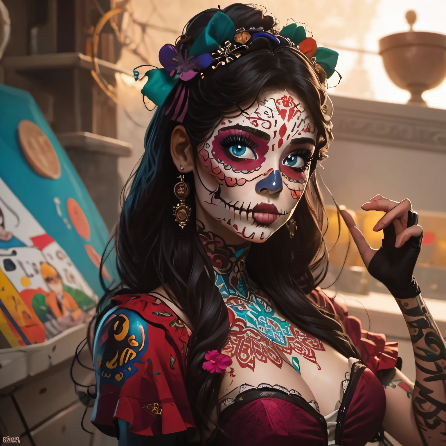 beautiful alluring jenna ortega, tan skin, skeleton bodypaint, day of the dead bodypaint, mexican sugar skull makeup, mexican themed ornaments, night time, day of the dead theme, Ominous Gothic Theme, inside a beautiful flower garden, mexican ornate vest and pants, exposed breasts, Fiverr Dnd Character, Octane Render, Digital Art, Extreme Detail, 4k, Ultra Hd, Polished, Beautiful, Hyperdetailed, Intricate, Elaborate, Meticulous, Photorealistic, Sharp Focus, Wlop, Character Design, Unreal Engine, 3d Rendered, Volumetric Lighting, Reflections, Glossy, Digital Illustration,  Pose, Suggestive Pose, Lewd, Full Body Shot, anatomically correct, visible nipples, puffy vagina, small perky breasts 💖❤💕💋❣