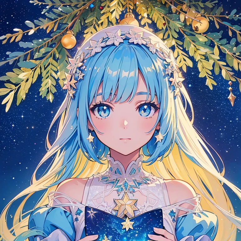 A beautiful Christmas tree, a girl looking at a Christmas tree, cute, beautiful eyes, a quiet starry night, colorful star-like decorations on the tree, snow piled up, presents on the ground, rich watercolor painting, colorful, (delicate details, complex composition: 1.5) (Very detailed complex configuration: 1.5),