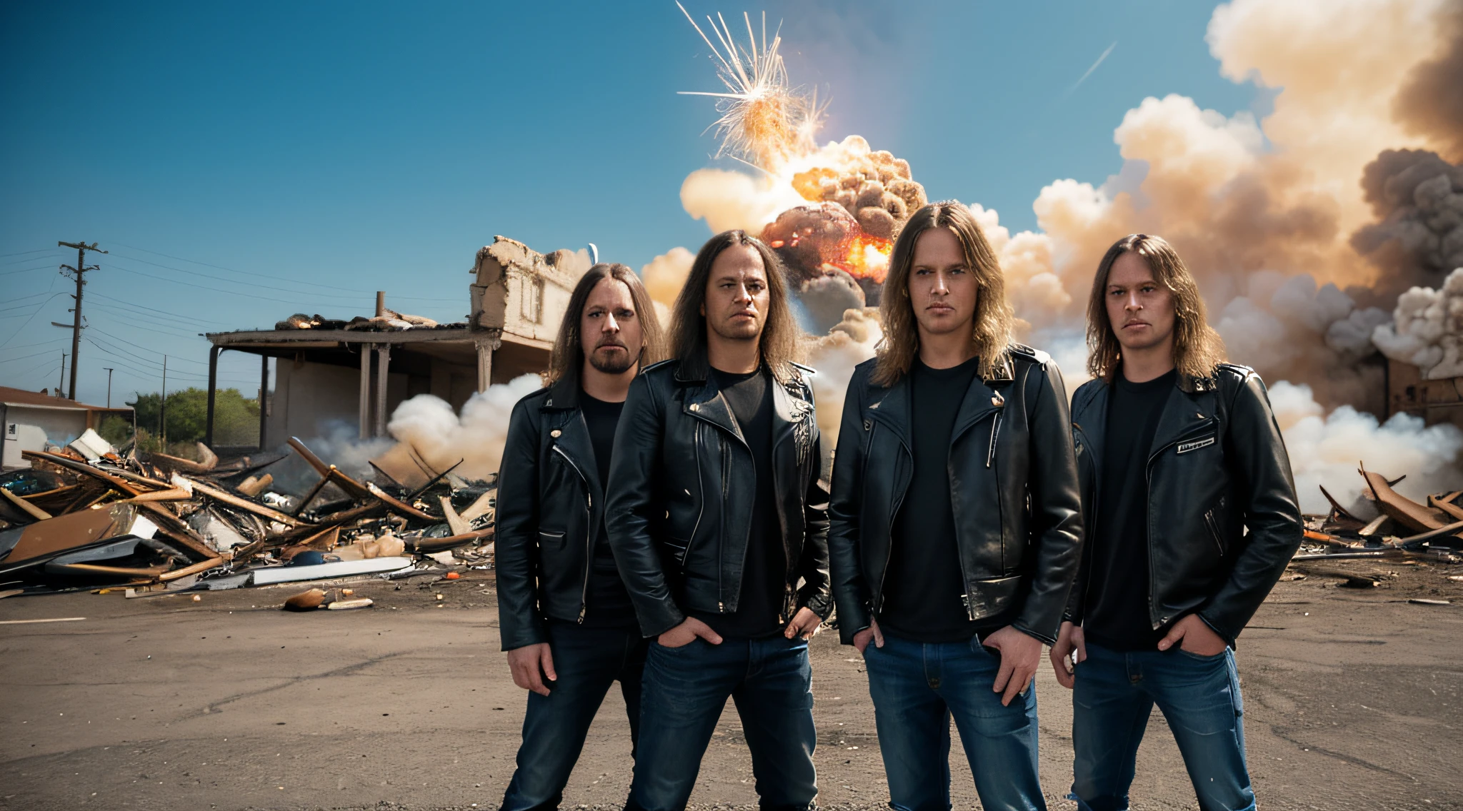 RAW, Award-winning Glamour photography of 3 three boys leather jacket black t-shirt and jeans, long blonde hair, close up, portrait, hyper-detailed, camouflaged, post-apocalyptic, nuclear Armageddon, burning cityscape background at night, sandy, dirt, mushroom cloud, swollen, erect, lots of green flames.