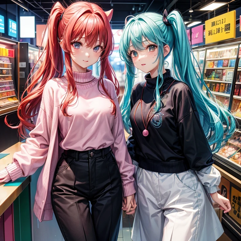 top-quality, hight resolution, 8K images,best qualtiy,hight resolution、A woman who is cute no matter who sees her、Stain cheeks red、Detailed CG background、Aqua hair, poneyTail、Absolute area、(Illustration ratio:1.1)、Game Center、pink winter knit、Black slacks、Long sleeves、hight resolution、foco nítido、Obsessed with UFO catcher