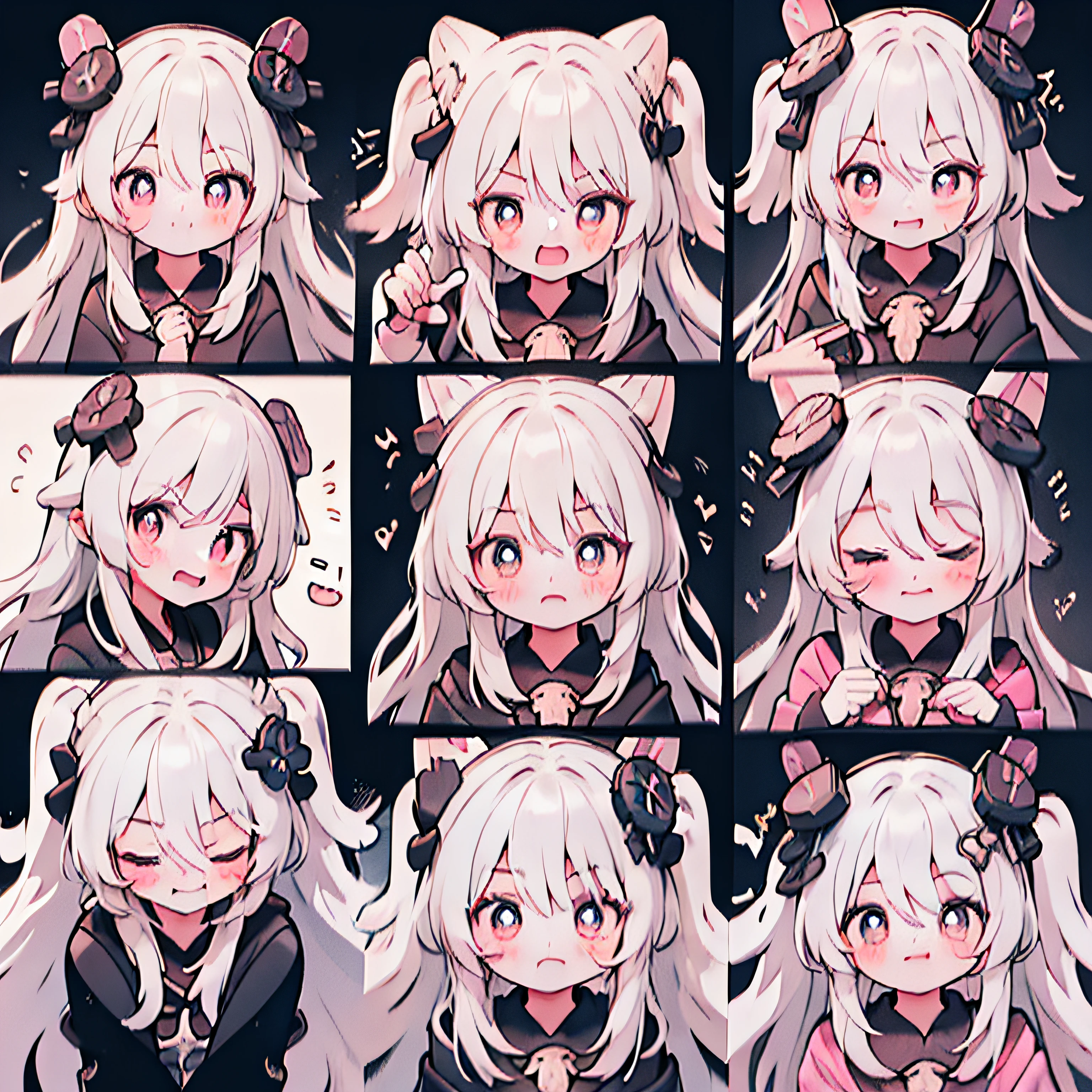 (9 emojis，emoji sheet of，Align arrangement)，9 poses and expressions（grieves，astonishment，having fun，exhilarated，big laughter，Angry，doubt，Touch your head，Sell moe, wait），Extremely detailed CG unified 8K wallpaper, very fine 8KCG wallpaper, absurderes，Lori ，Best quality ，ultra - detailed ，Beautiful face  ，tmasterpiece、Head-to-waist display、Girl、top-quality(tmasterpiece), top-quality, A pink-haired、twosideup、Pink sailor suit and pink cardigan、Pink ribbon、kawaii