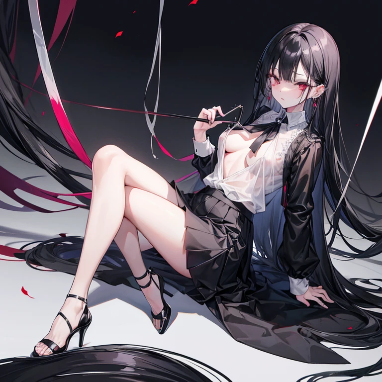 Full body lesbian,Sling black silk,high-heels,pupils,Raised sexy,Obscenity exposed,jk,black silk skirt,White color blouse,black long straight hair,Qi bangs,ear nipple ring,Transparent skirt,raise leg