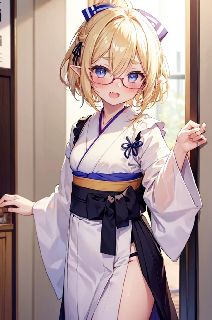 ultra detailed, best quality, high resolution, ((16k)), ((1girl)), pale skin, petite, (glossy blonde hair:1.5), (very short hair), (ahoge:1.3), (glasses), pointy ears, (blush:1.5), blue eyes, large breasts, ((fang)), happy smile, open mouth, ((single short braid:0.8)), cowboy shot, (rainbow background), ((forehead:1.3)), (thick eyebrows:1.3), ((nsfw)), ((topless)), ((kimono))