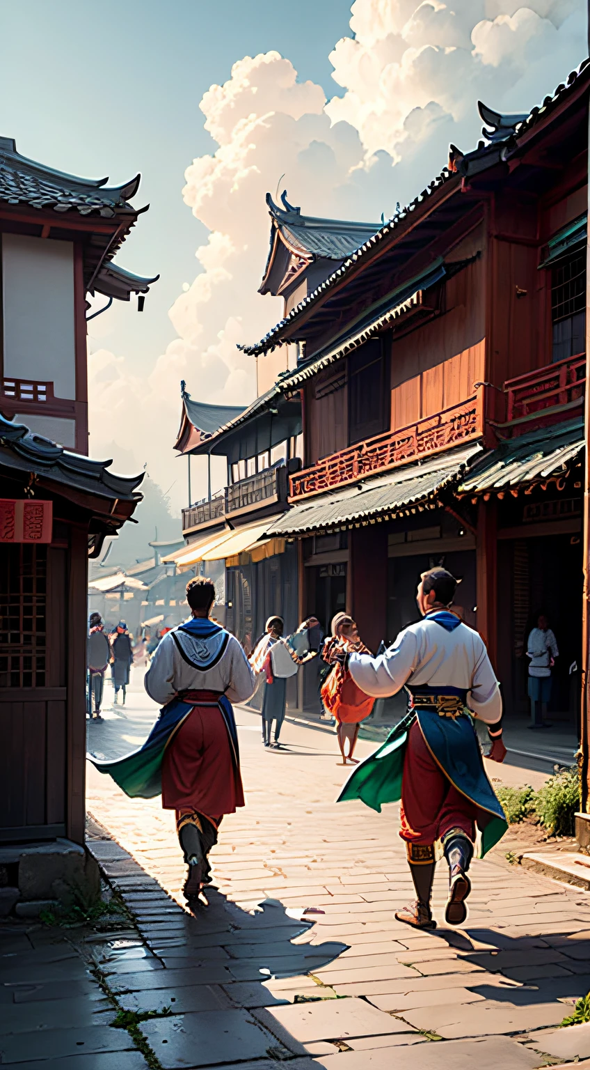 (Under the blue sky and white clouds,At the summit,Jiangnan traditional architecture, Chinese big breasts, New Year pictures,A European young man and a group of cute children are dancing the dragon, There are flowing auspicious clouds and Chinese drama costumes,)