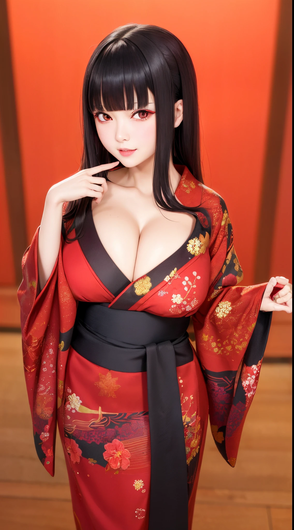 ((Best Quality)), ((masutepiece)), (Detailed), Perfect face　A detailed face　cleavage of the breast　younggirl　red eyes　long, thick black hair　 Blunt bangs　Solid background color　is standing　wear kimono