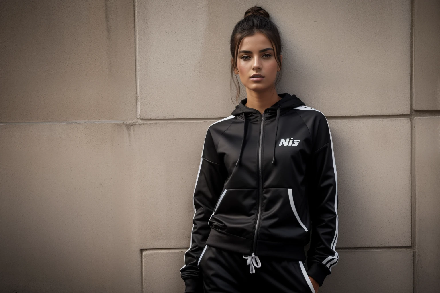 A full-body confident 23-years old Bulgarian female model in a basic monochrome tracksuit, poising on a street, medium: photo hyper-realism, style: edgy street fashion meets contemporary art, lighting: dramatic contrast with a mix of artificial and natural light, colored and gritty with a focus on the textures of the basic tracksuit and street, composition: Nikon D850, AF-S NIKKOR 50mm f/1.8G lens, Resolution 45.7 megapixels, ISO sensitivity: 200, Shutter speed 1/125 second, close-up shot with a focus on the full body, street art as a backdrop --ar 16:9 --v 5.1 --style raw --q 2 --s 750