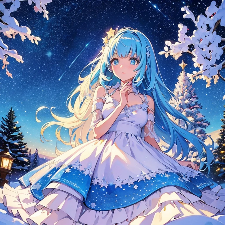 From an angle, Expansive vista, a beautiful Christmas tree, a girl looking at the Christmas tree, cute, beautiful eyes, a quiet starry night, the tree is decorated with colorful star-like decorations, snow is piled up, presents on the ground, rich watercolor painting, colorful, (delicate details, complex composition: 1.5) (Very detailed complex composition: 1.5),